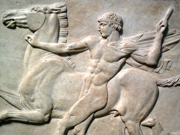 Roman marble relief AD125 of a naked youth with his horse and dog, found  at Emperor Hadrian's villa in Tivoli.